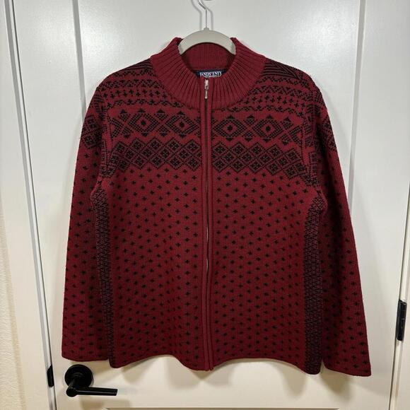 Lands' End Sweaters - VTG Lands End Fair Isle Zip UP Sweater Womens Medium Red Nordic 100% Merino Wool
